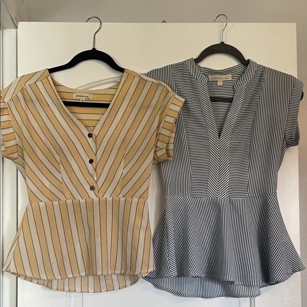 Monteau Striped V-Neck Blouse Duo in Tan and Gray